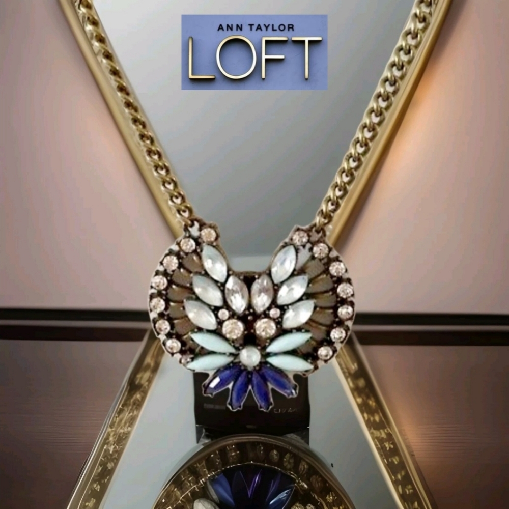 LOFT Blue & White Crystal Antique Gold Double Strand Boho Adjustable Necklace